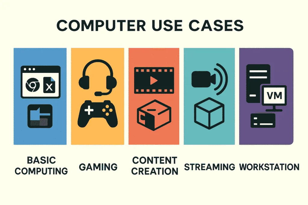 Five primary PC use cases for CPU selection: basic computing, gaming, content creation, streaming, and workstation tasks.