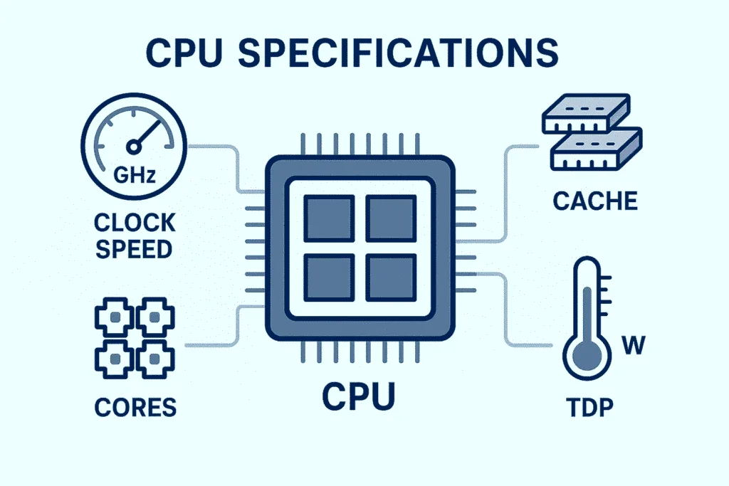 CPU specifications explained: cores, clock speed GHz, cache memory, and TDP power consumption
