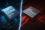 Intel vs AMD processor comparison in 2025, showing Core Ultra and Ryzen 9000 series CPUs on their respective platforms.