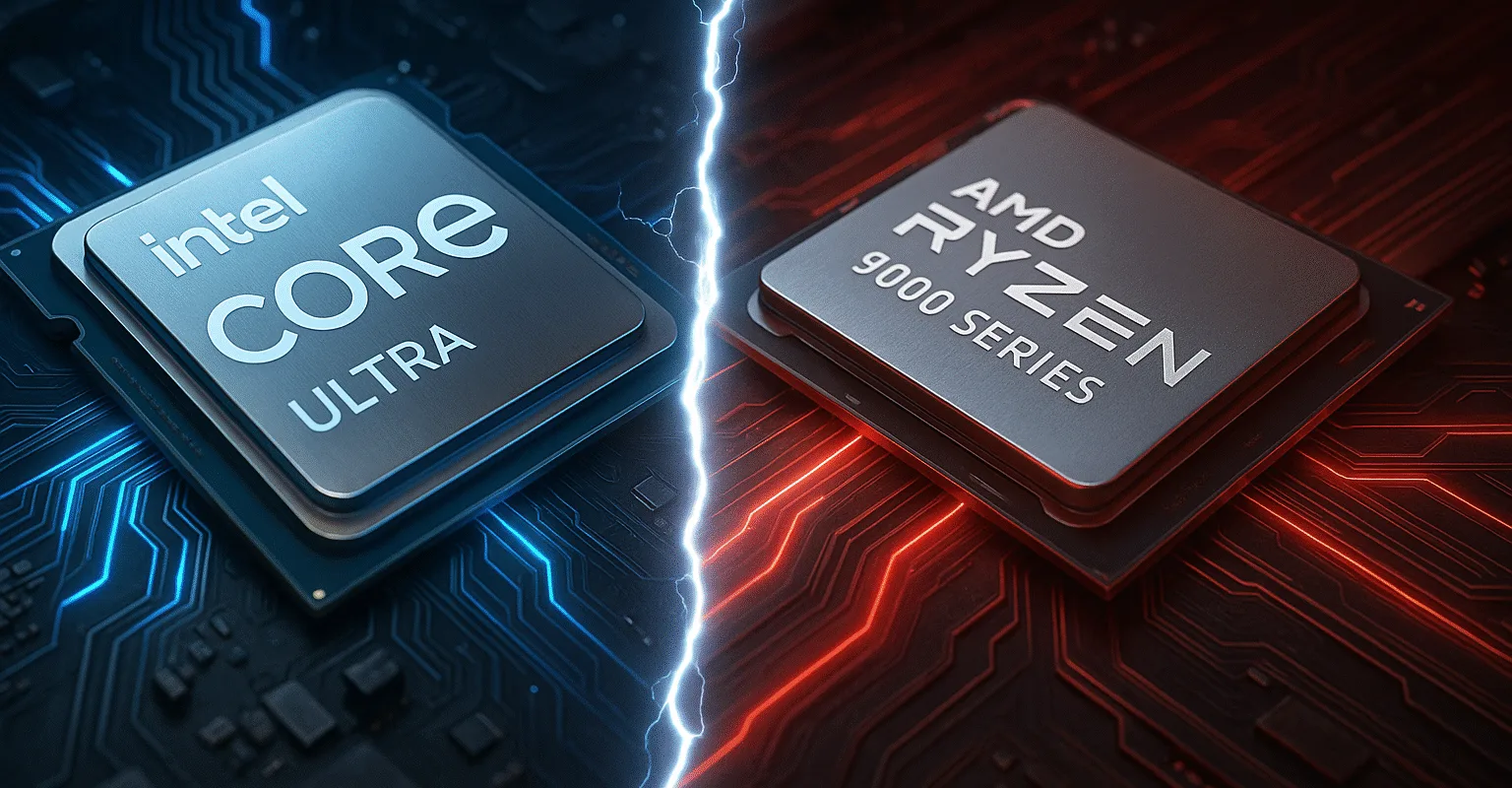 Intel vs AMD processor comparison in 2025, showing Core Ultra and Ryzen 9000 series CPUs on their respective platforms.