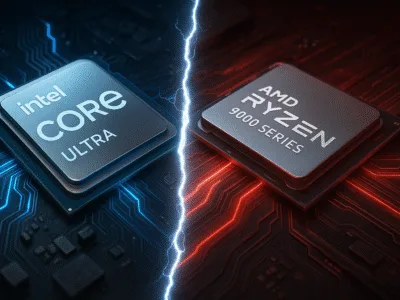 Intel vs AMD processor comparison in 2025, showing Core Ultra and Ryzen 9000 series CPUs on their respective platforms.