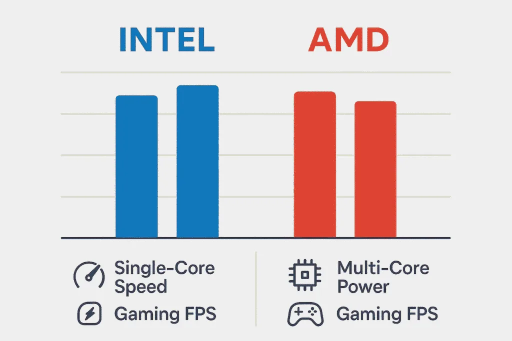 Performance comparison chart between Intel and AMD processors for single-core, multi-core, and gaming tasks.