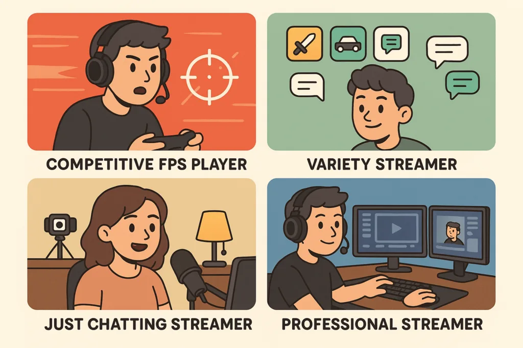 Four streamer personas for CPU selection: Competitive, Variety, Just Chatting, and Professional.