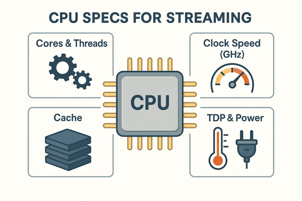 CPU specifications explained for streaming: cores, clock speed, cache, and TDP.