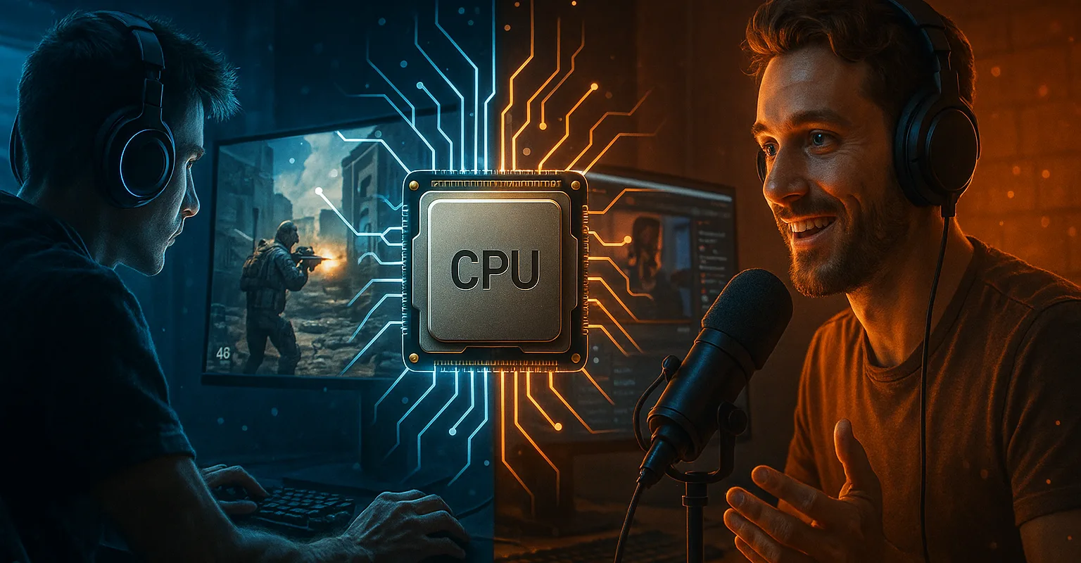 Best CPU for Gaming and Streaming 2025 - Split-screen visualization showing competitive gaming FPS and professional streaming setup requirements.