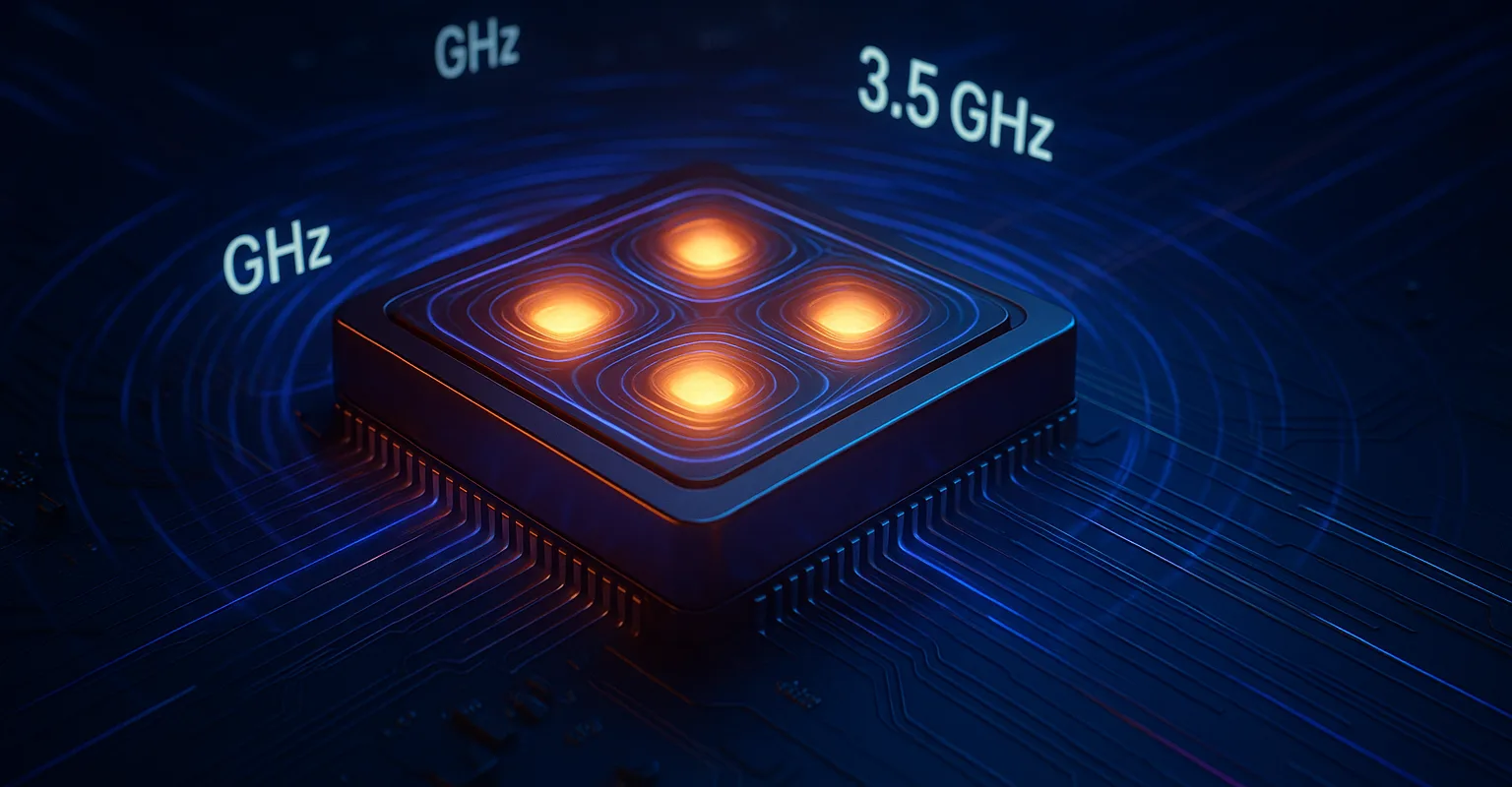 3D visualization of CPU clock speed showing GHz cycles as pulsating energy waves from processor core