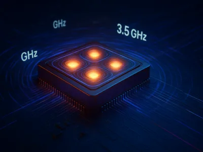3D visualization of CPU clock speed showing GHz cycles as pulsating energy waves from processor core