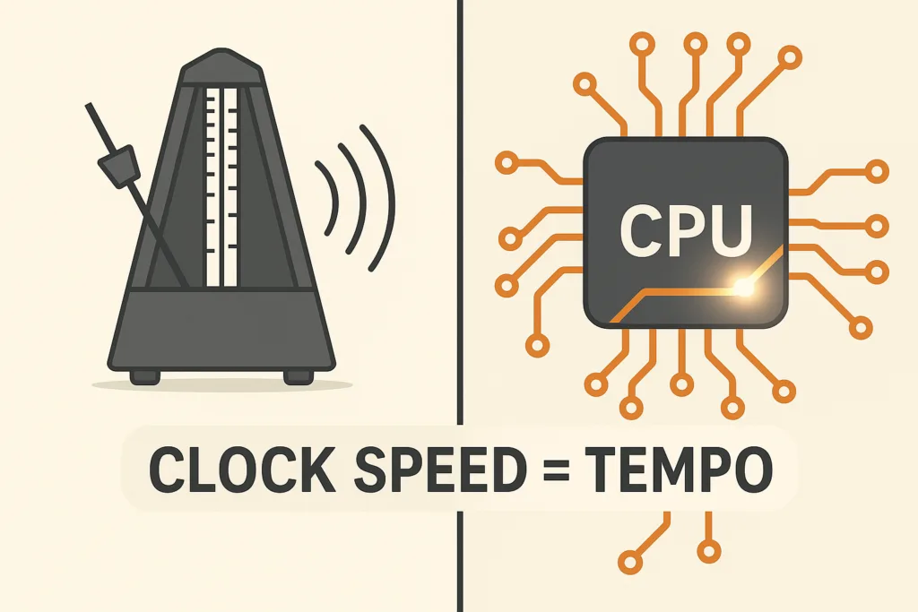 Measurement scale showing Hz, MHz, and GHz progression with historical CPU examples