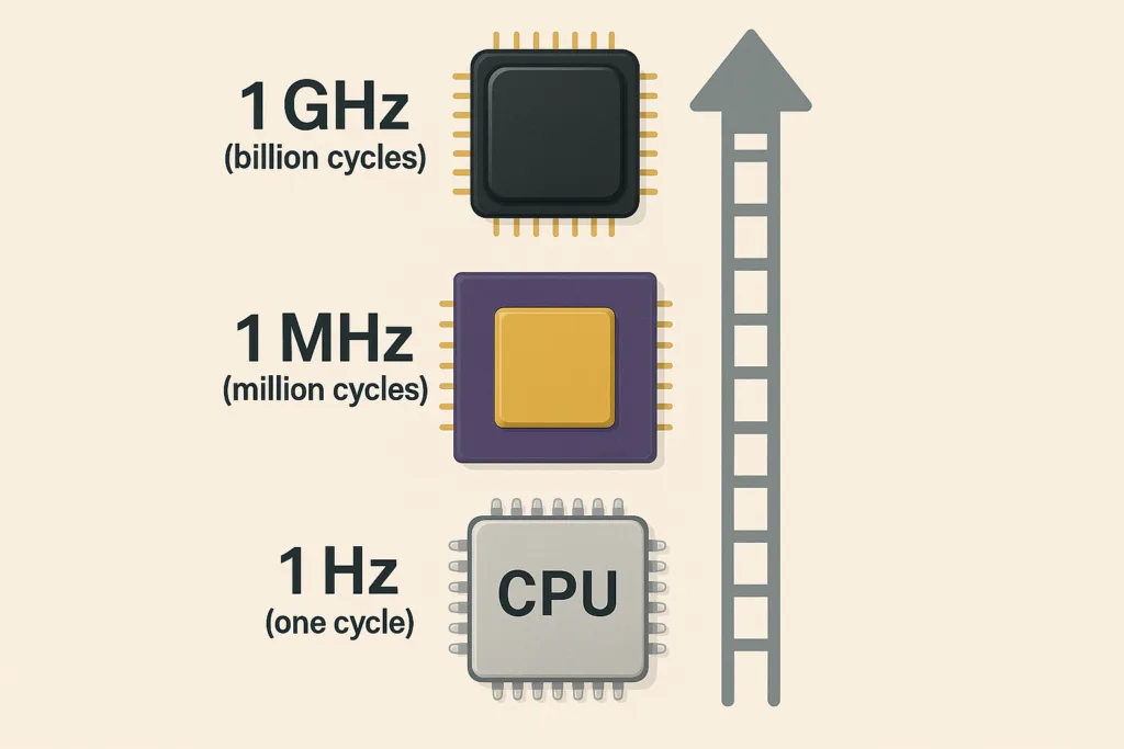 Measurement scale showing Hz, MHz, and GHz progression with historical CPU examples