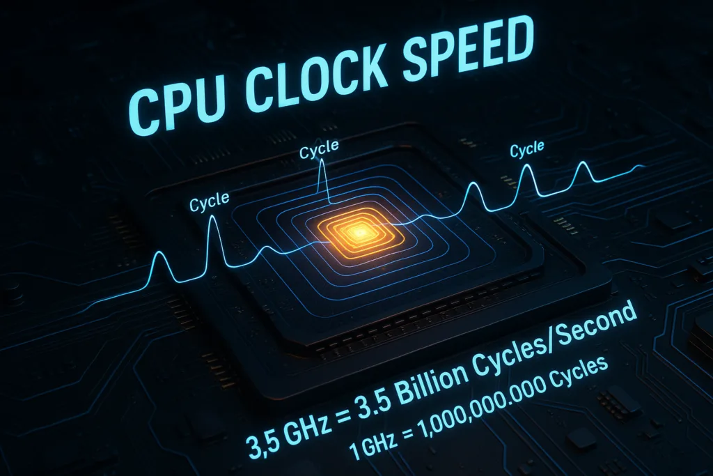 What is CPU clock speed? 3D visualization showing GHz as rhythmic heartbeat pulses from processor