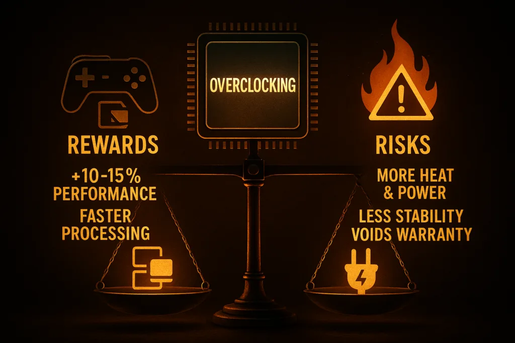 Understanding CPU overclocking: Balance scale showing performance gains versus risks and downsides