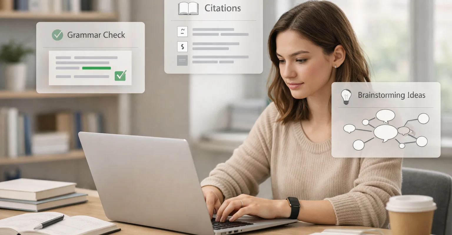 AI writing tools helping a university student with essays and research in 2026