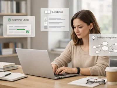 AI writing tools helping a university student with essays and research in 2026