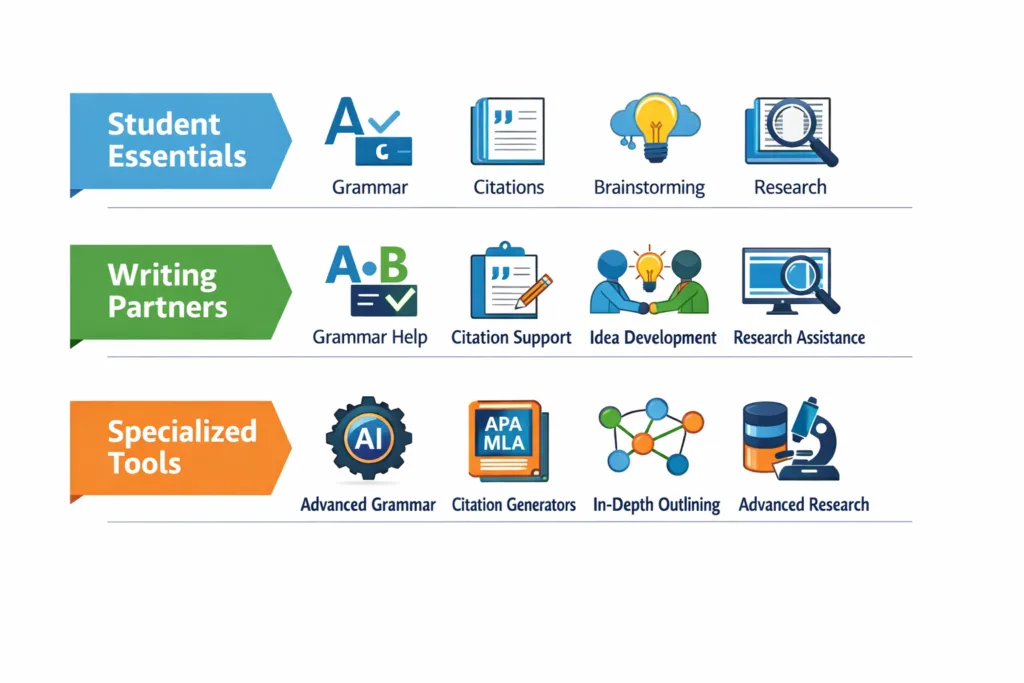 Comparison of AI writing tools for students categorized by academic use