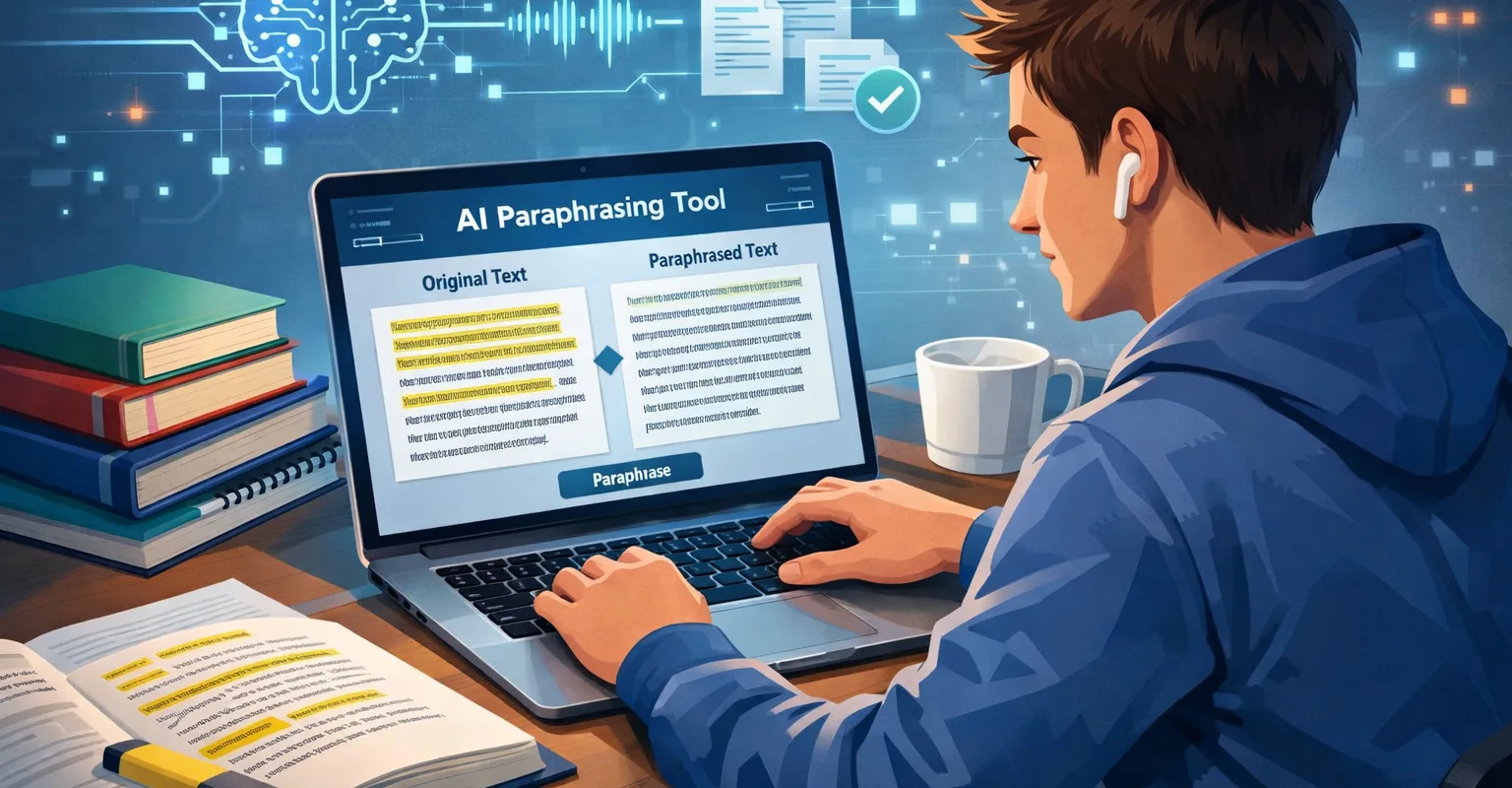 Student using AI paraphrasing tools for academic writing in 2026