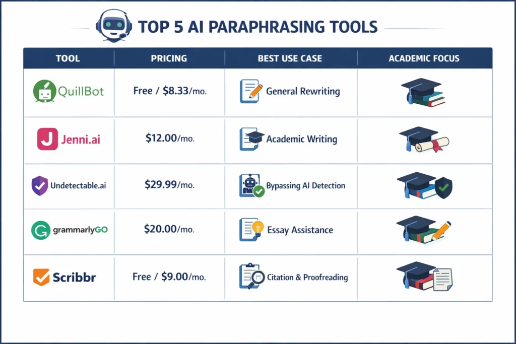 Comparison of top AI paraphrasing tools for students with pricing and features