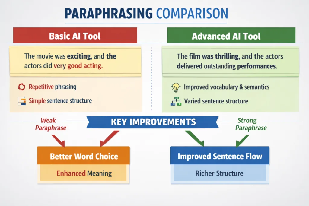 Example of AI paraphrasing tools correcting sentence structure and semantic meaning