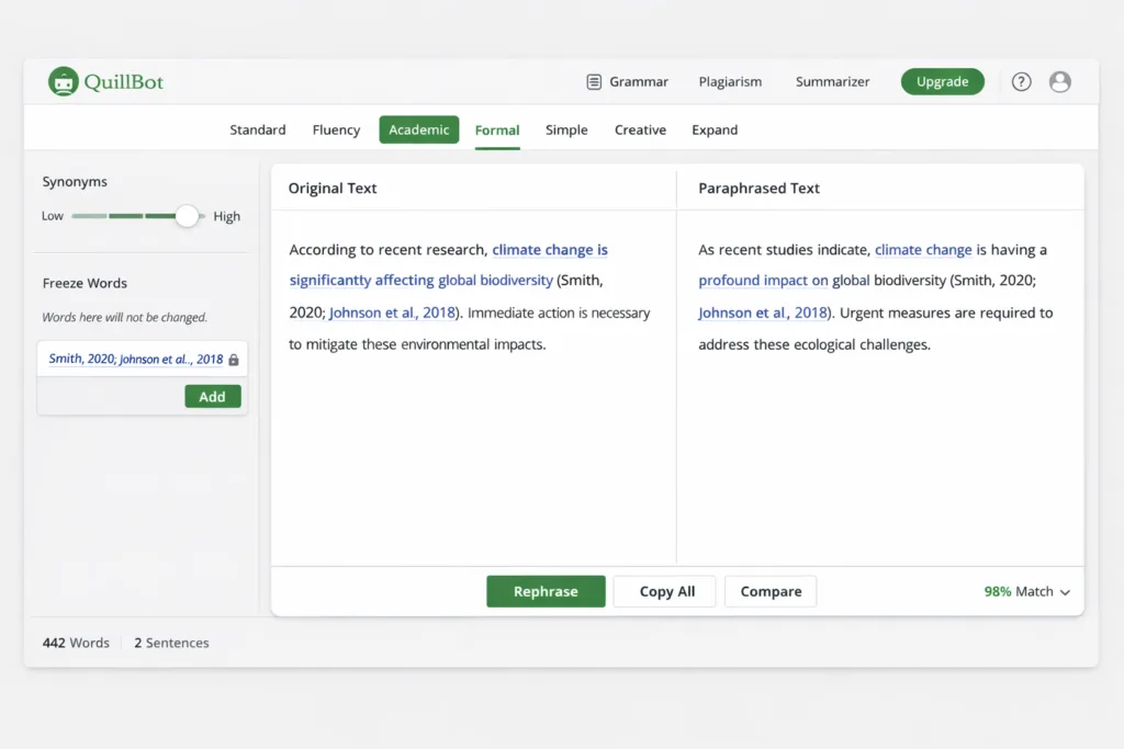 QuillBot interface showing academic text being paraphrased