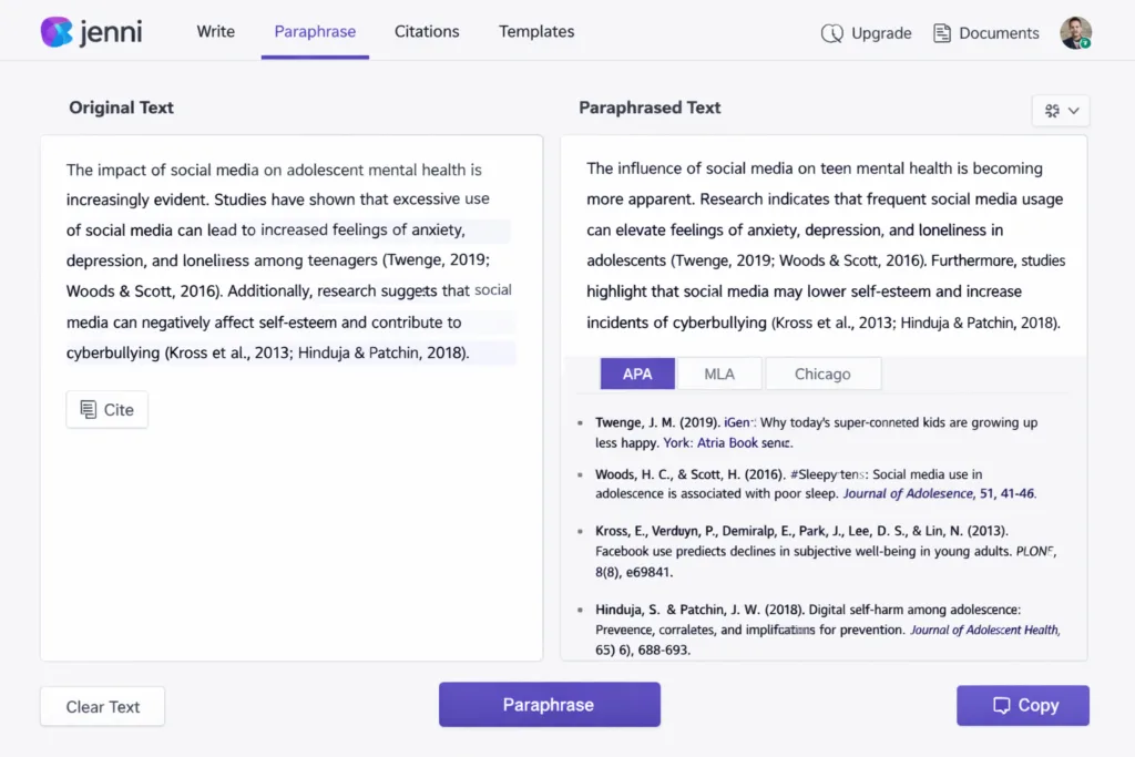 Jenni.ai tool paraphrasing research content with citations