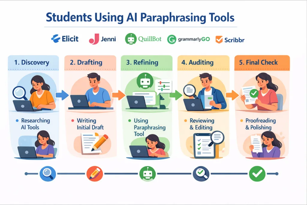 Step-by-step workflow for students using AI paraphrasing tools for academic writing