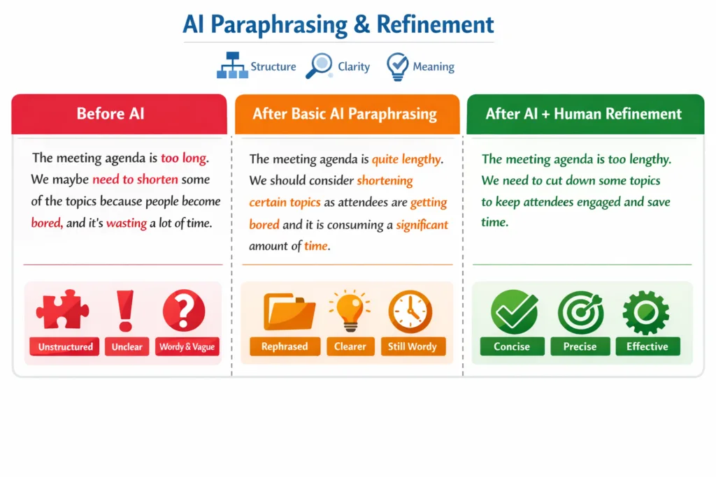 Before and after examples of AI paraphrasing tools improving academic writing