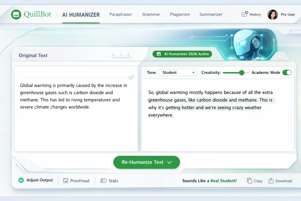Quillbot 2026 AI Humanizer rewriting text for students
