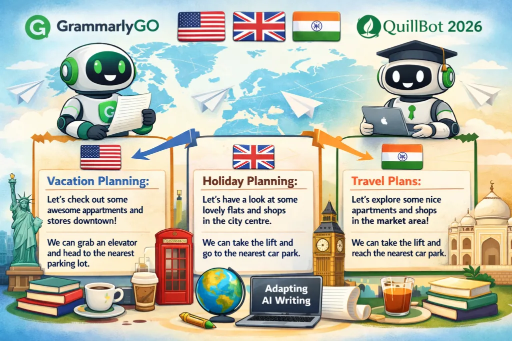 Global AI writing support in Quillbot and Grammarly GO 2026 for USA, UK, India
