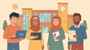 Four university students standing together as an FYP team, each representing a different role such as developer, designer, project manager, and documentation lead