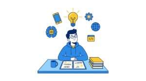 A university student brainstorming FYP ideas at a desk with a glowing light bulb and technology icons floating around