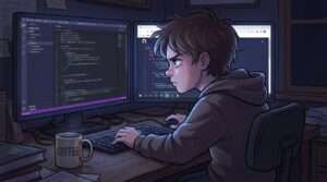 A university student coding late at night with two monitors showing colorful code in VS Code, with a coffee cup beside them representing the FYP development phase