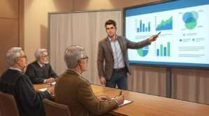 A confident BS student presenting their Final Year Project to a university panel of professors in a formal academic defense setting